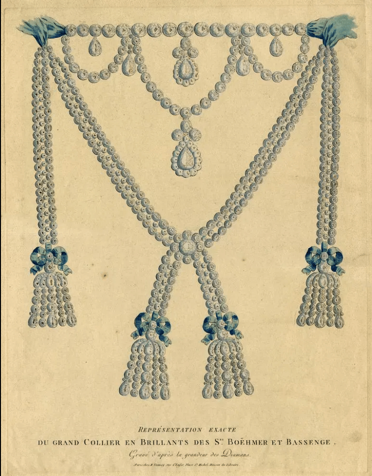 Illustration of Marie Antoinette wearing a magnificent diamond necklace